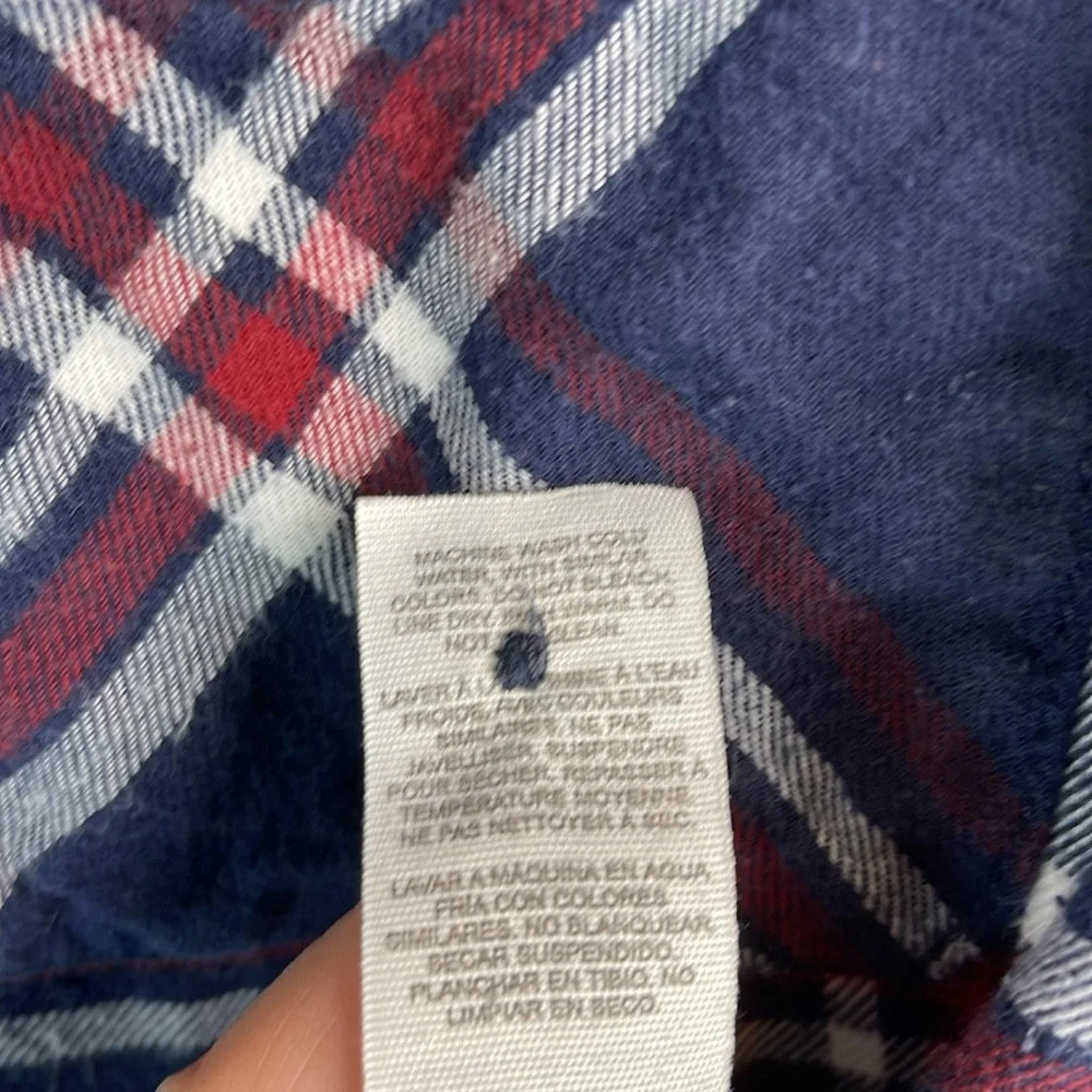 GARAGE Boyfriend Fit Plaid Hooded Flannel Shirt Navy Blue Burgundy White Size M - Picture 11 of 13